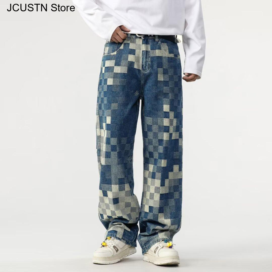 Retro Track Pant - 男性的なトレンディなストレートレッグパンツルーズフィットメンズコットンリッピングほつれ生裾デニムパンツハイストリートスタイルジーンズ