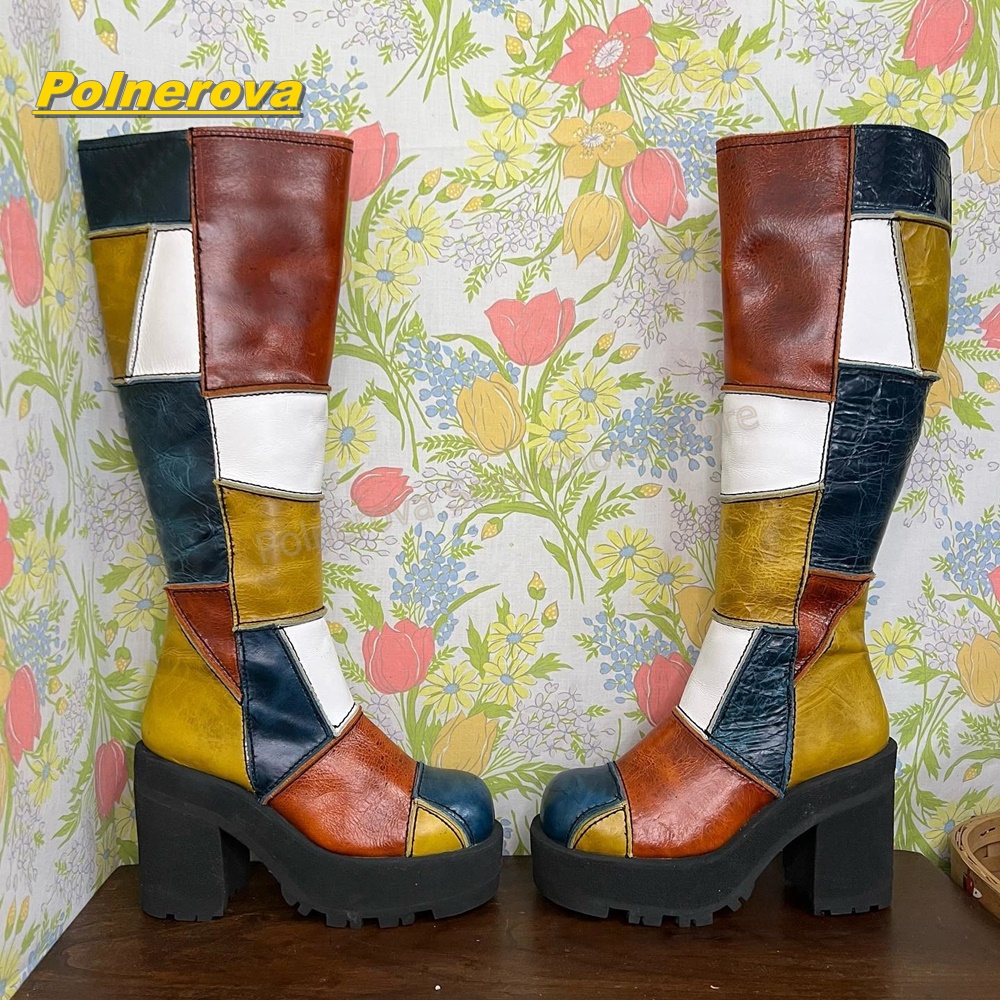 Vintage Fashion Y2K - 女性レトロパッチワークレザーニーハイブーツカラーブロックチャンキープラットフォームブロックヒールヴィンテージ Y2K ストリートファッション靴 2026