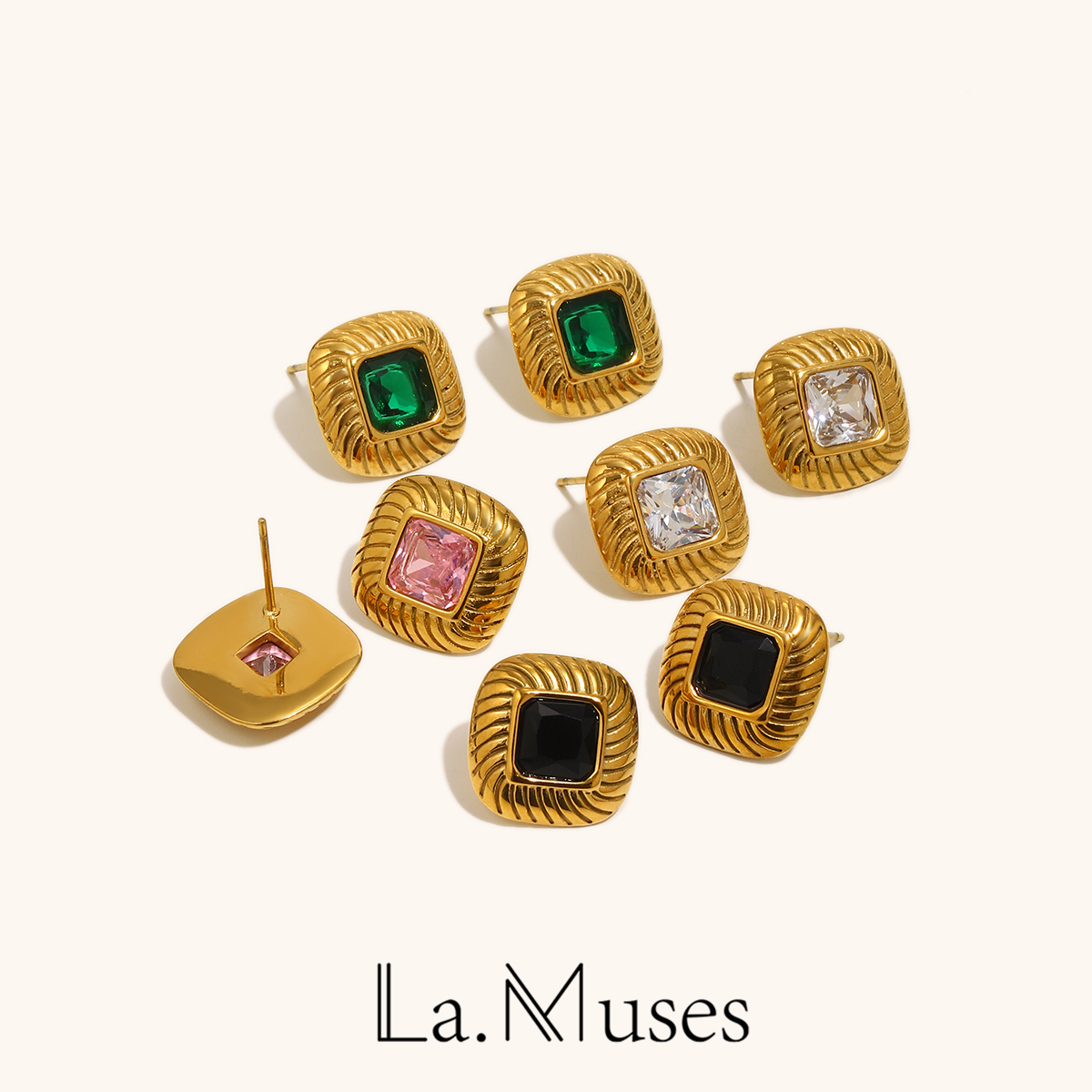Vintage Fashion La - La. Mstes-twill-女性用スクエアジルコンイヤリング、ステンレススチール、クラシックな高級ジュエリー、4面アクセサリー、ヴィンテージ