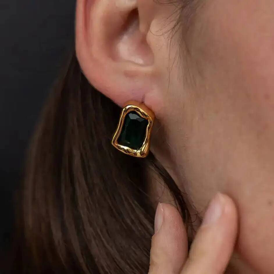 Z Vintage Fashion - IngeSight.Z 絶妙なスクエアジルコン 18K ゴールドメッキスクエアスタッドピアス 女性用 絶妙な防水ステンレススチールジュエリー