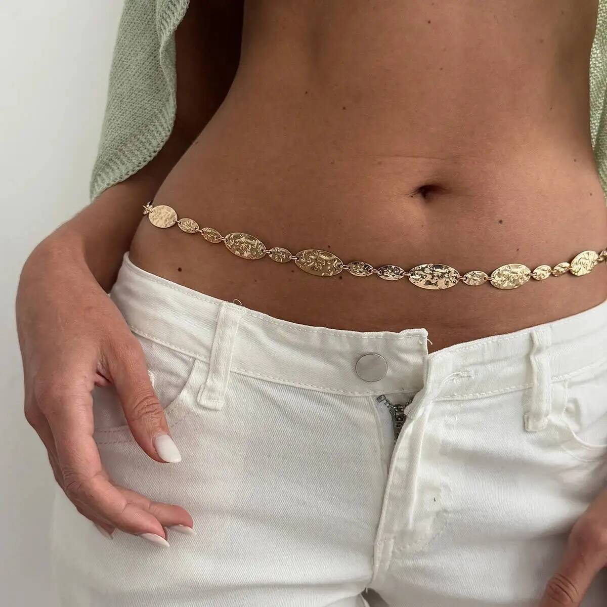 Z Vintage Fashion - IngeSight.Z シンプルなヴィンテージ折りたたみメタルウエストベリーチェーン女性 2026 トレンド絶妙なセクシーなゴールドカラーベルトチェーンボディチェーンジュエリー