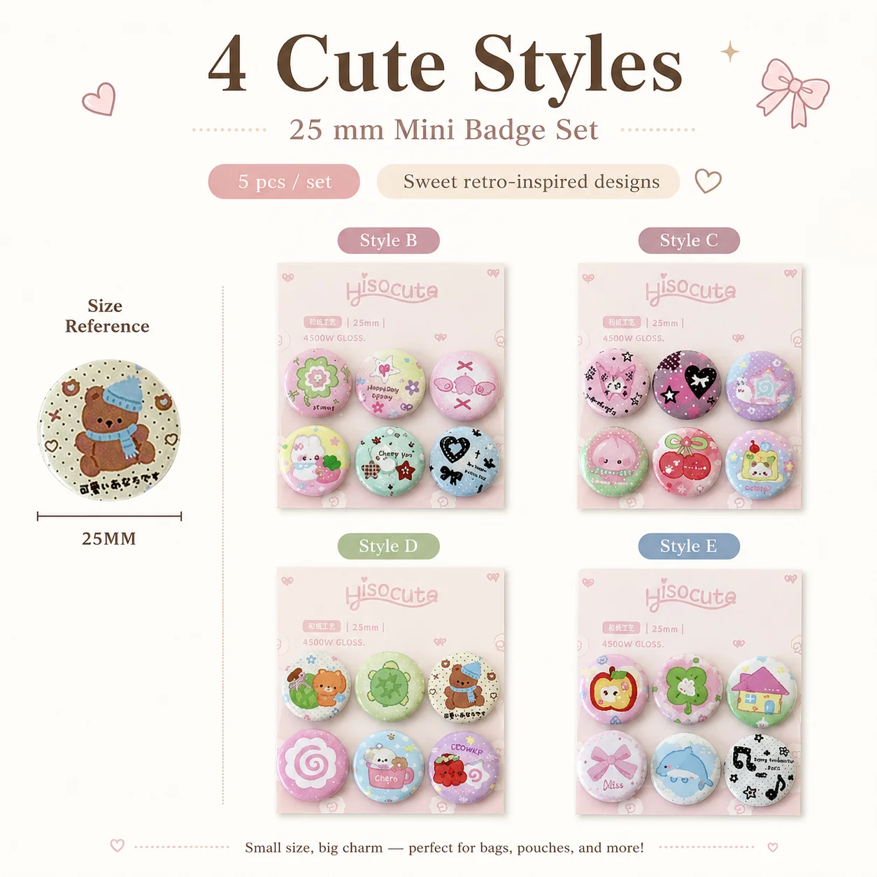 Vintage Fashion Journal - 学生用クローバー25mmミニピンバッジ、女の子向けヴィンテージブローチデコレーション、可愛いジャーナルピンバッジセット