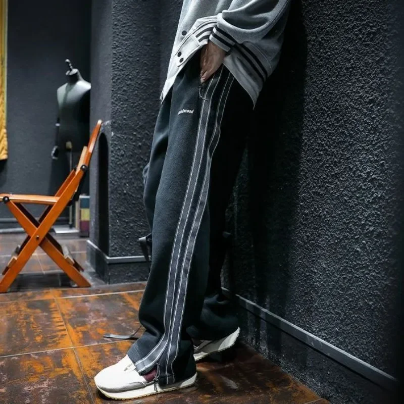 Retro Track Pant - スウェットパンツ男性綿のズボン男スポーツパンツ秋と冬のストライプゴスストレート原宿レトロニードルトラックビッグサイズ