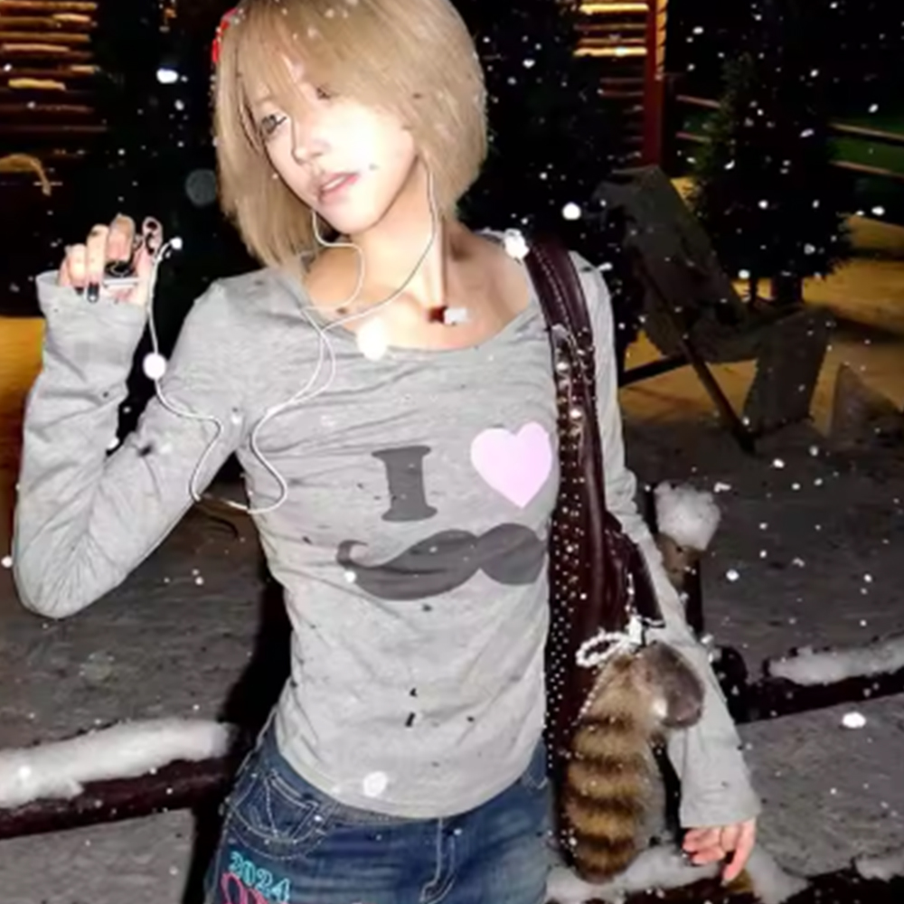Vintage Fashion Y2K - 日本 Y2K ビアードプリント Tシャツ ヴィンテージ原宿長袖グレー Tシャツ