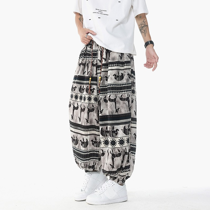 Retro Track Pant - ホリデースタイルプリントハイウエスト巾着パンツエスニックスタイルランタンパンツメンズルーズカジュアルアイスシルクワイドレッグパンツ