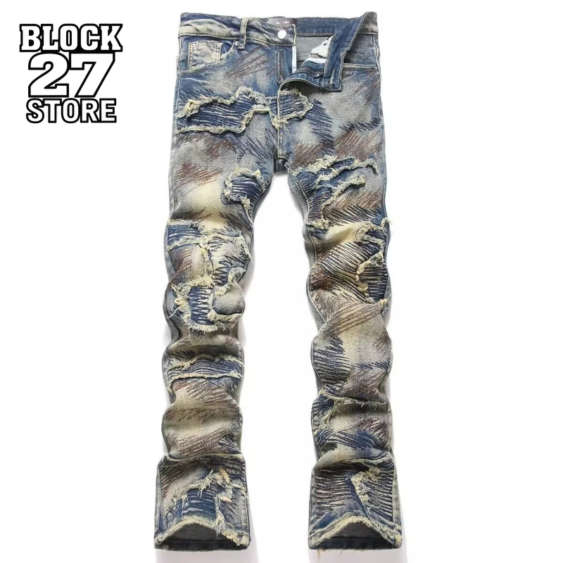 Retro Track Pant - 新しいヒップホップヴィンテージダメージジーンズ男性パッチワークリッピング穴バイカーパンツストリート Y2K ゴシックスタイルズボン原宿ユニセックス
