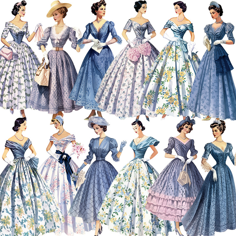 Vintage Fashion Journal - ファッショナブルなレトロなドレスのステッカー,スクラップブッキング,アルバム,不要のジャーナル,装飾的な16ユニットのセット