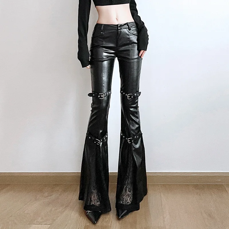 Vintage Fashion Y2K - レディース PU レザー フレア パンツ、ゴシック バックル、レース
