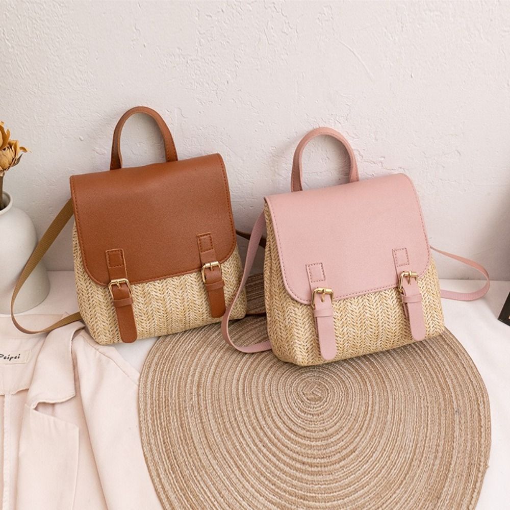 Vintage Fashion Looks - ファッションPUレザーストローバックパックレトロデザインヴィンテージスタイル織りバックパック高級エレガントルックサッチェルバッグオールマッチスタイル