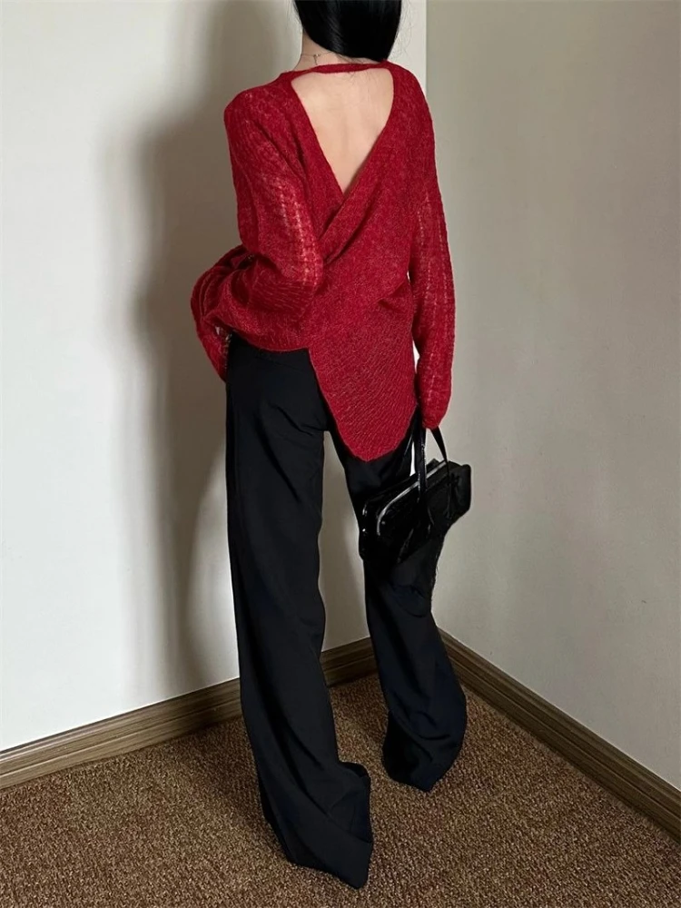 Vintage Fashion Y2K - Y2K シースルーニットレディース T シャツ、ヴィンテージクロスバックレスセクシールーズトップ