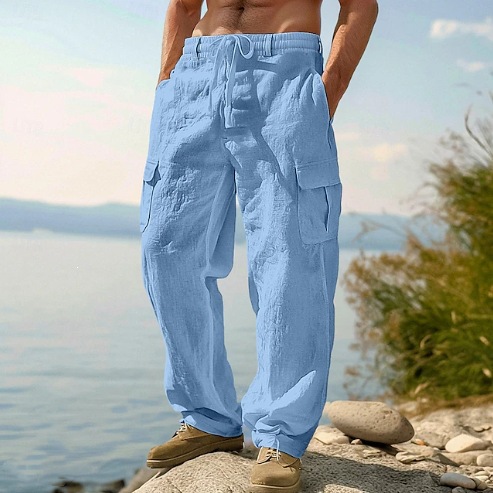 Retro Track Pant - エスニックスタイルカジュアルコットンリネンワイドレッグパンツ春夏新作メンズ無地レースアップバギーパンツヴィンテージストリートウェア男性用
