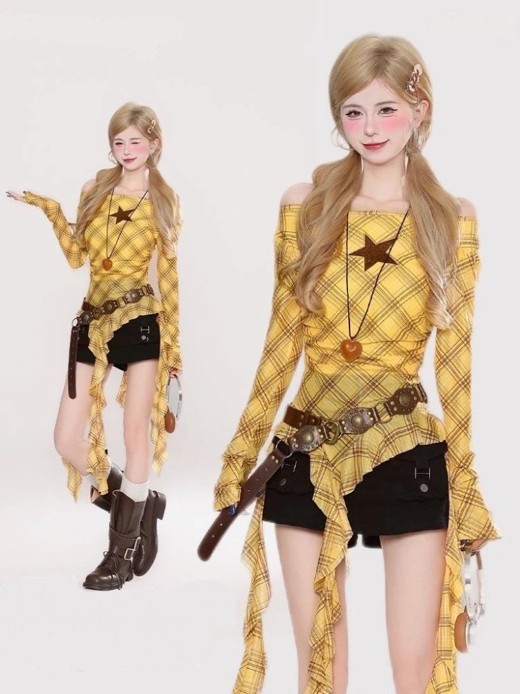Y2K チェック柄スラッシュネックヴィンテージ T シャツ、 - Vintage Fashion Y2K のレビューと価格