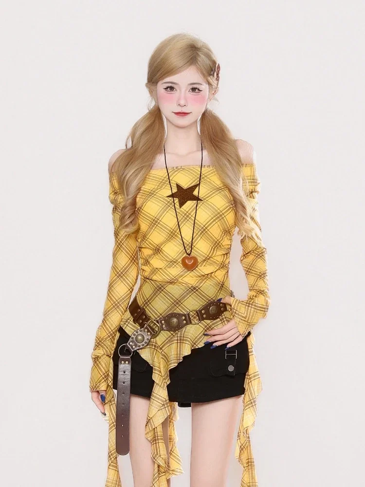 Y2K チェック柄スラッシュネックヴィンテージ T シャツ、 - Vintage Fashion Y2K のレビューと価格