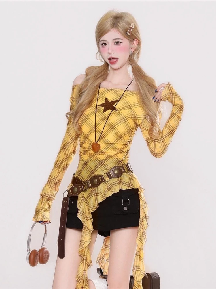 Y2K チェック柄スラッシュネックヴィンテージ T シャツ、 - Vintage Fashion Y2K のレビューと価格