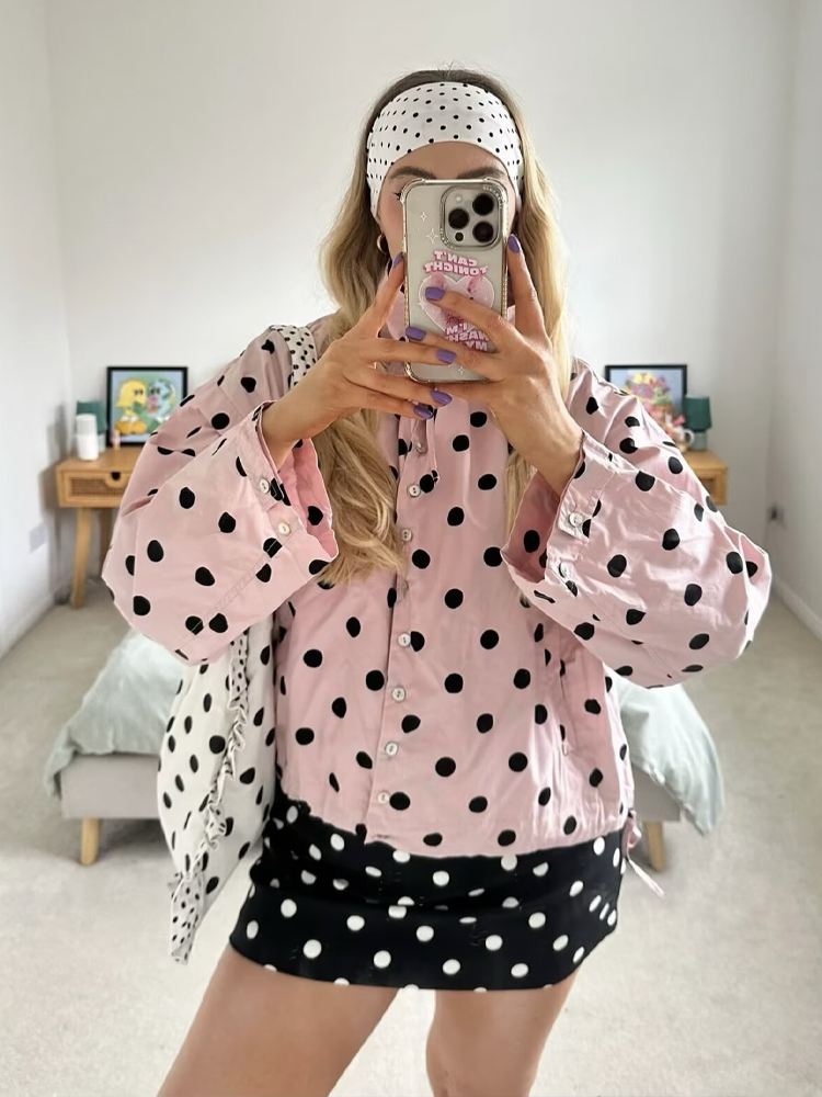 HH 女性ファッションポルカドット巾着ジャケットスタンド長袖 - Vintage Fashion Looks のレビューと価格