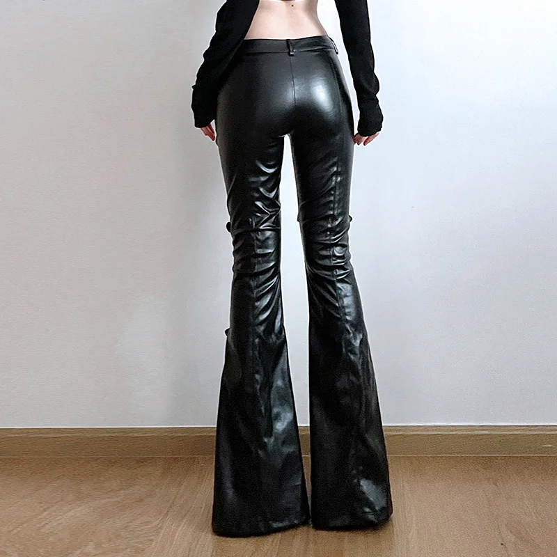 レディース PU レザー フレア パンツ、ゴシック バックル - Vintage Fashion Y2K のレビューと価格